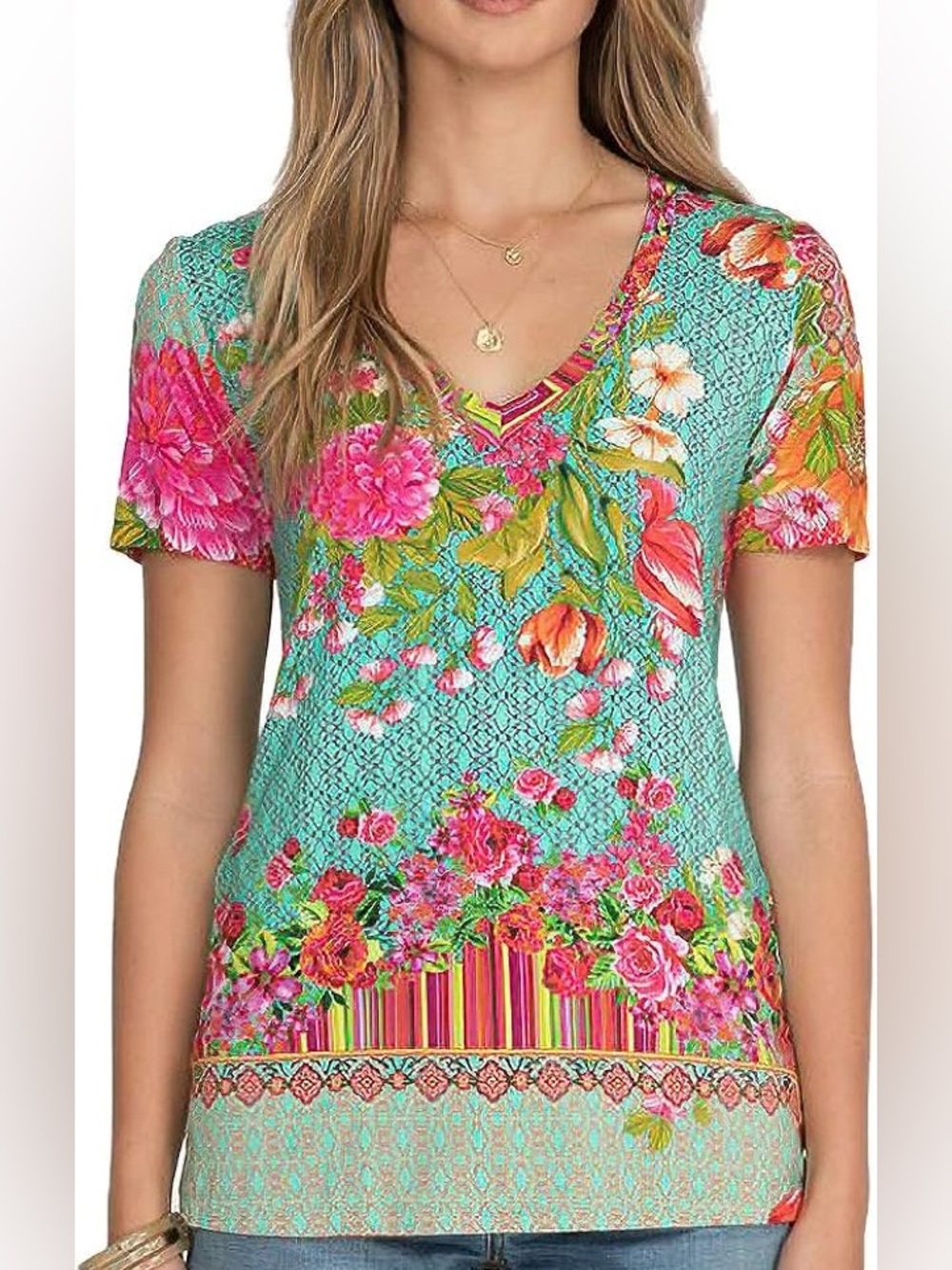 Johnny Was mona may turquoise multicolor floral boho print v-neck tee t-shirt